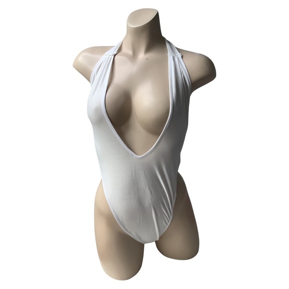 White Mesh Thong Bodysuit with Halter Neck Tie. New - Picture 1 of 3